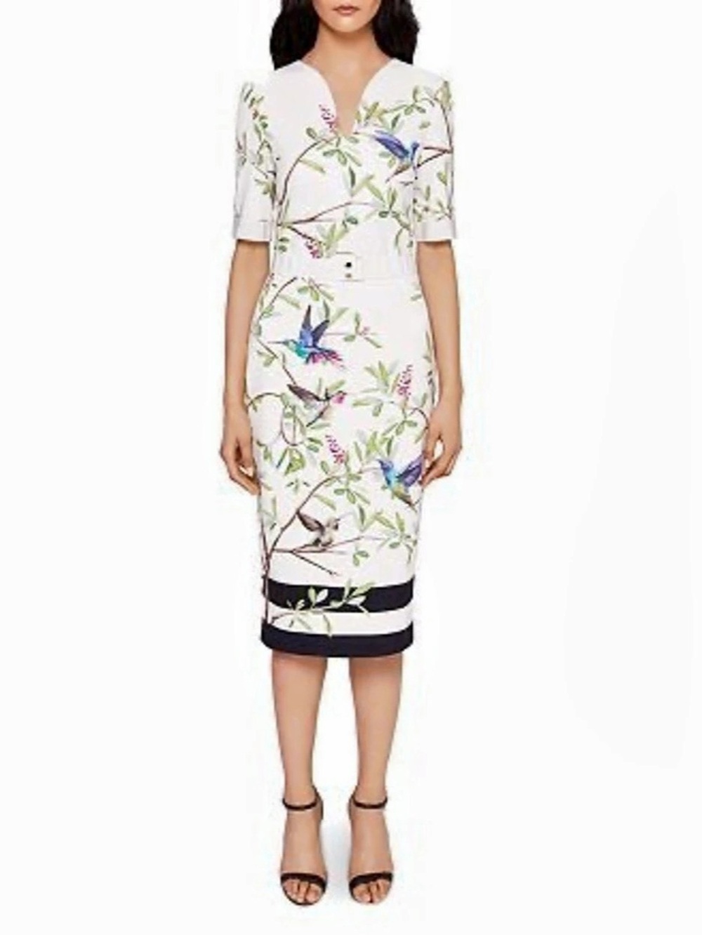 Ted Baker Matredi Highgrove Hummingbird Midi Dress White & Black Size 2
